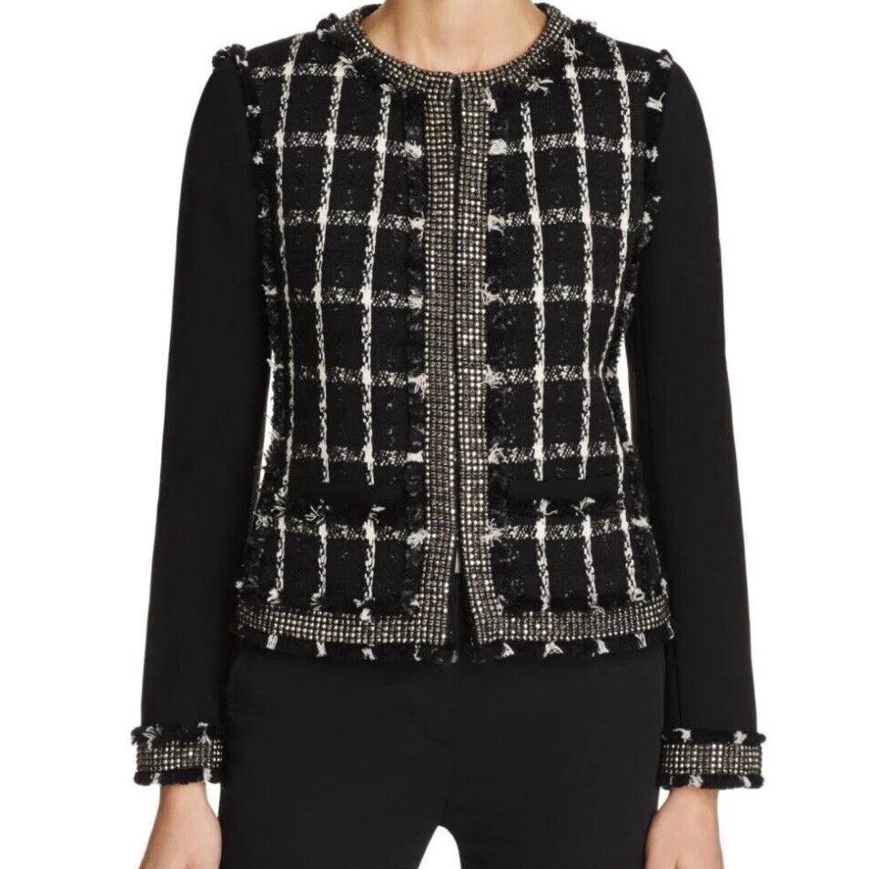 Tory Burch Black And White Tweed Blazer With Fringe Trim
